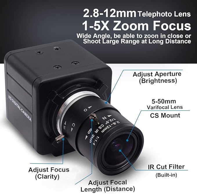 SVPRO USB Camera with Zoom2.8-12mm Varifocal Lens 8MP Manual Focus WebcamHigh Definition USB with Camera for Computer with Sony IMX179 Sensor