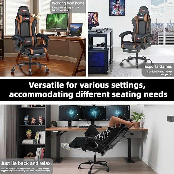Ergonomic Gaming Chair with Footrest and Lumbar Massage Racing Office Chair High Back Computer Desk Chair with Headrest Pillow for Adults Video Game Chair for PC Gamer (1001-Brown)