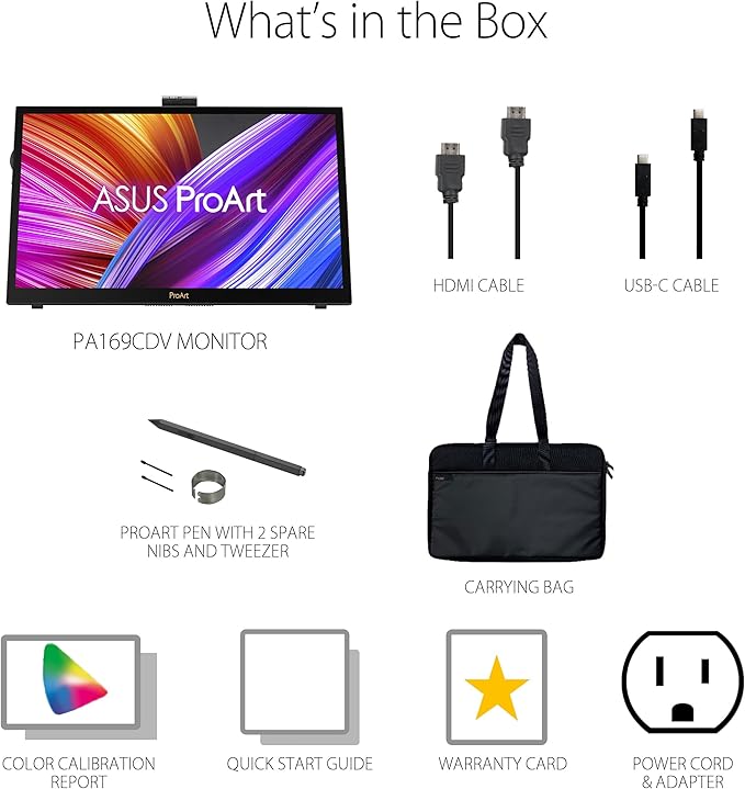 ASUS ProArt Display 15.6” 4K Pen Display (PA169CDV) – IPS UHD (3840 x 2160) WACOM Feel EMR 100% sRGB Calman Verified Pantone Validated Speakers USB-C 10-Point Touch Dial 3 Year Warranty