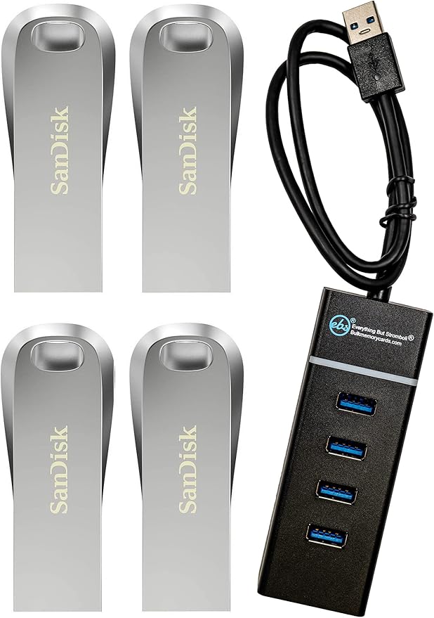 SanDisk Ultra Luxe 32GB USB 3.1 Flash Drive (4 Pack) Works with Computer Laptop 150MB/s PenDrive High Speed All Metal (SDCZ74-032G-G46) Bundle with (1) Everything But Stromboli 4 Port USB 3.0 Hub
