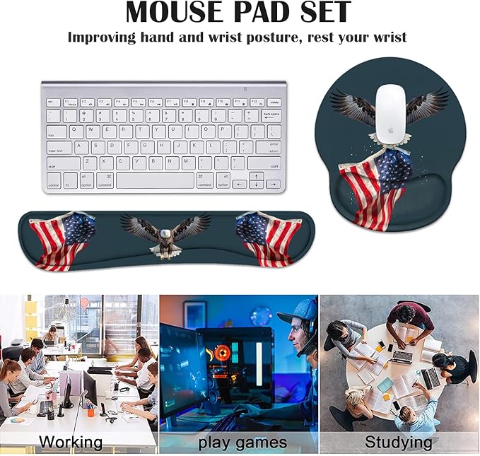 Keyboard Wrist Rest and Mouse Pad Wrist Rest Support Set with Coasters Non-Slip PU Base for Gaming and Office Comfortable &amp Lightweight for Easy Typing &amp Pain Relief American Flag Patriotic