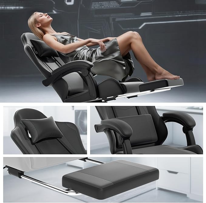 Athena Collection Gaming Chair Ergonomic Gaming Chair with Footrest &amp Headrest Lumbar Support Height Adjustable Swivel Computer Chair Office Chair Adults(Carbon Fiber Black)