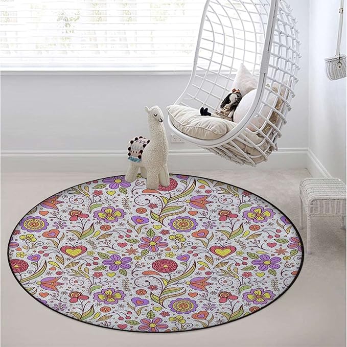 Cartoon Gaming Chair Mat for Hardwood Floor Anti-Slip Floor Protector Game Controller Rubber Gaming Computer Chair Mat Blossoms Petals Fantasy World ConceptPink Purple Diameter 47.2 in