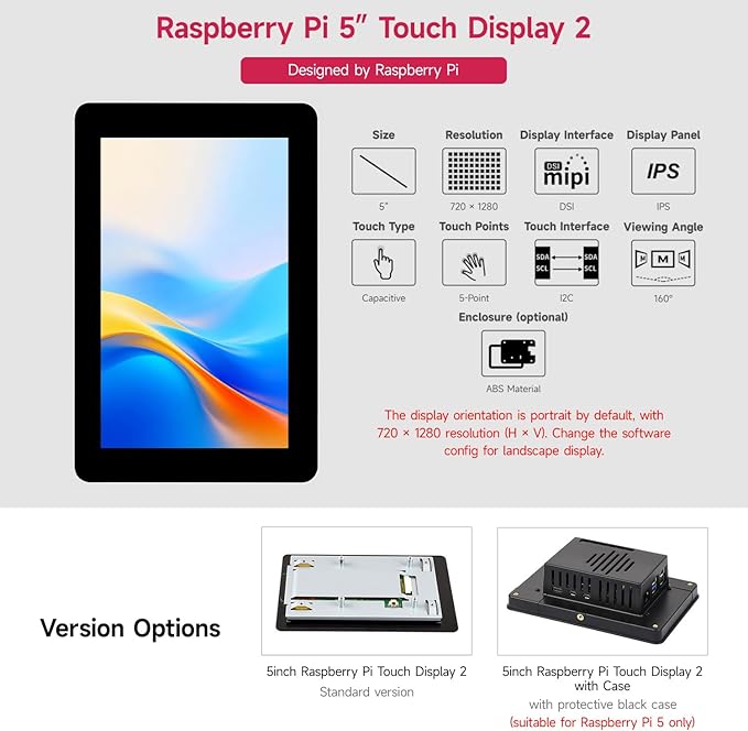 KLAYERS 5inch Capacitive Touch Display 2 Compatible with Raspberry PI720 × 1280 DSI Interface 5-Point Touch IPS Display with Case