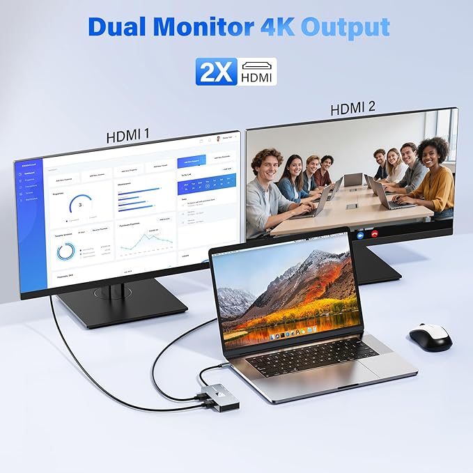 7-in-1 USB C Docking Station Dual Monitor USB-C Hub with 2 HDMI Ports 3 USB 3.0 1 Type-C Data Port 100W PD Compatible with MacBook Dell HP Lenovo Surface