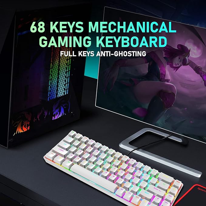65% Wired Gaming Mechanical Keyboard and Mouse Combo Mini 68 Keys RGB Backlight Lightweight RGB Optical MouseMouse Pad Compatible with PS4XboxPCLaptopMAC (White/Blue Switch)