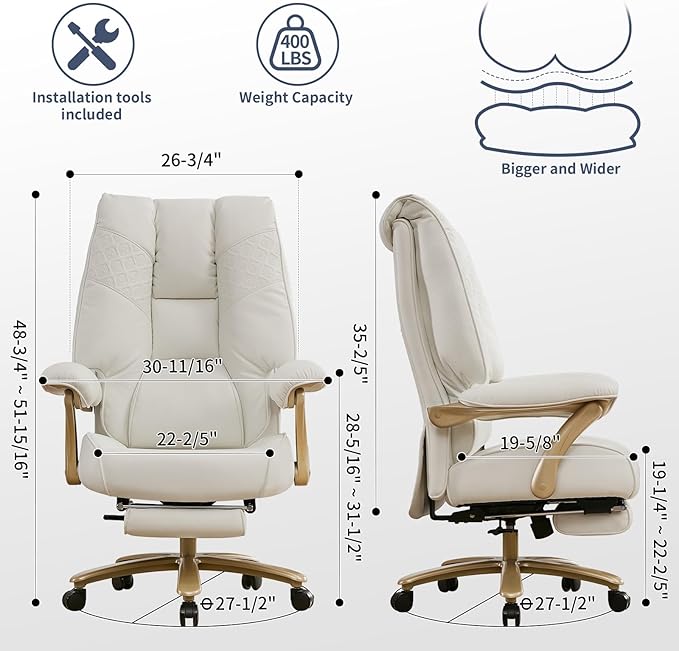 Big and Tall Executive Office Chair with Footrest 400LBS Capacity Ergonomic High-Back Desk Office Chair with Lumbar Support Padded Armrests &amp Thick Cushion White PU Leather Chairs