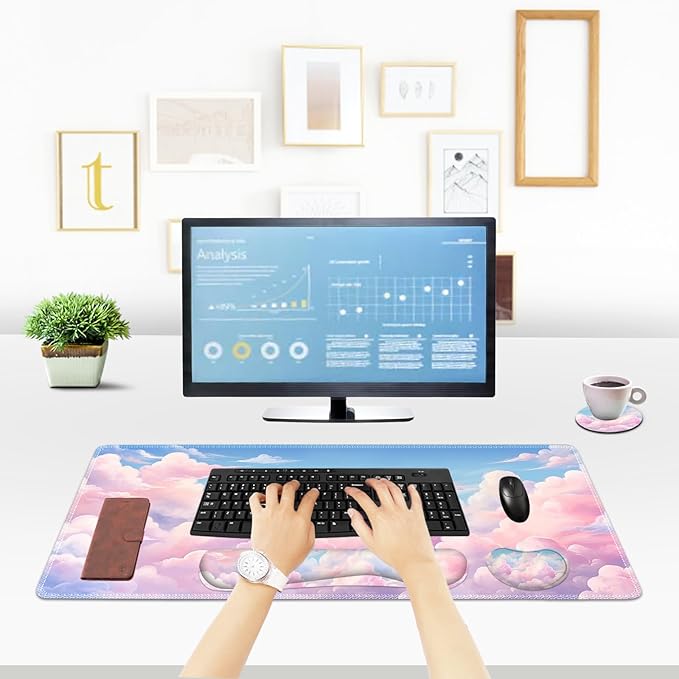 ToLuLu Large Mouse Pad Desk Pad Set Wrist Rest Support Desk Mat for Keyboard and Mouse 4PCS 35.4”x15.7 XXL Giant Mouse Pad Non-Slip Base Stitched Edges Mousepad for Home Office Dreamy Clouds