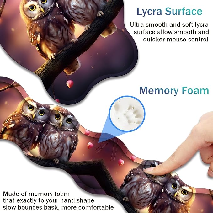 Ergonomic Keyboard Wrist Support Pad and Wrist Support Mouse Pad Anti-Slip with Gel Memory Mouse Pad Set Suitable for Office Use/Home Use - Cute Owls