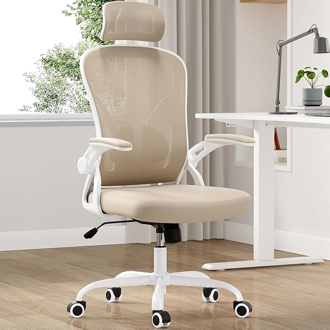 Ergonomic Mesh Office Chair with Flip-Up Armrests &amp Lumbar Support - Adjustable Swivel Desk Chair for Home Office and Gaming 350 lbs Capacity (Khaki Model E)