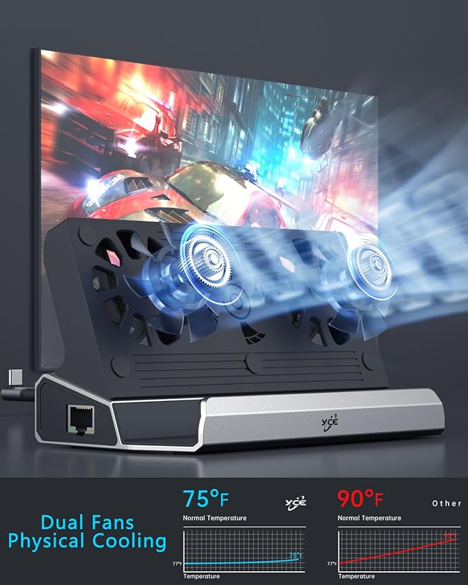 Dual Cooling Fans Multi Monitor 14 in 1 Steam Deck Docking Station with 4K@60 HzDP1.2VGA 1080P 6 USB A1000MbpsType C 100W PD 40Gbps Adapter for Steam Deck/Rog Ally/Switch/Legion Go