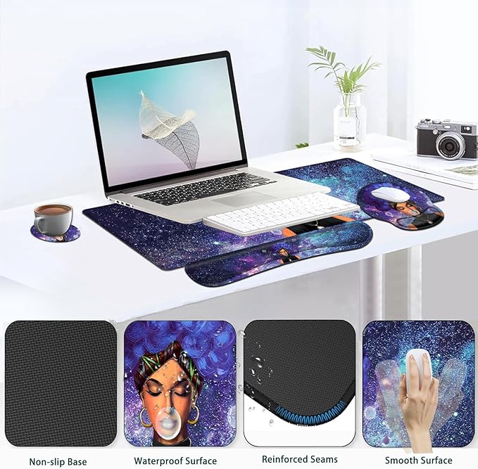 Large Mouse Pad Ergonomic Mouse Pad with Wrist Rest and Keyboard Wrist Rest 4 in 1 Set 31.5 x11.8 inch Extended Desk Pad for Home Office African Black Women Girls Starry Sky Purple Gaming Mouse Mat
