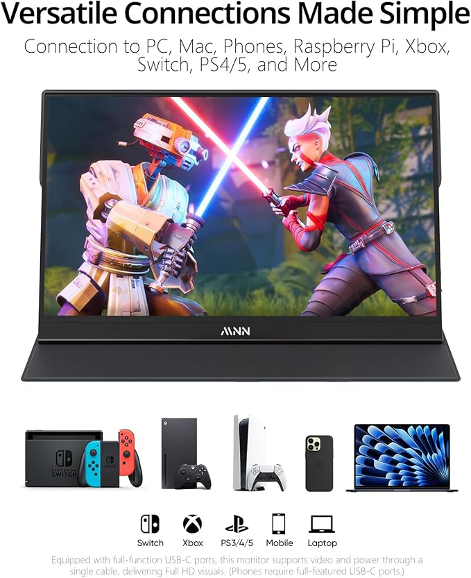 MNN Portable Monitor 15.6inch FHD 1080P USB C HDMI Gaming Ultra-Slim IPS Display w/Smart Cover &amp SpeakersHDR Plug&ampPlay External Monitor for Laptop PC Phone Mac (15.6'' 1080P)