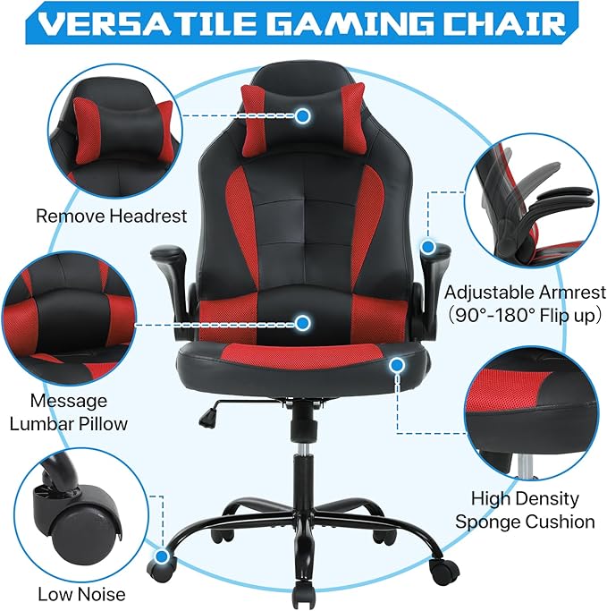 PC Gaming Chair - Ergonomic PC Office Chair w/Adjustable Lumbar Support &amp Headrest High Back PU Leather Computer Desk Chair for Adults (350lbs Capacity) (Red)