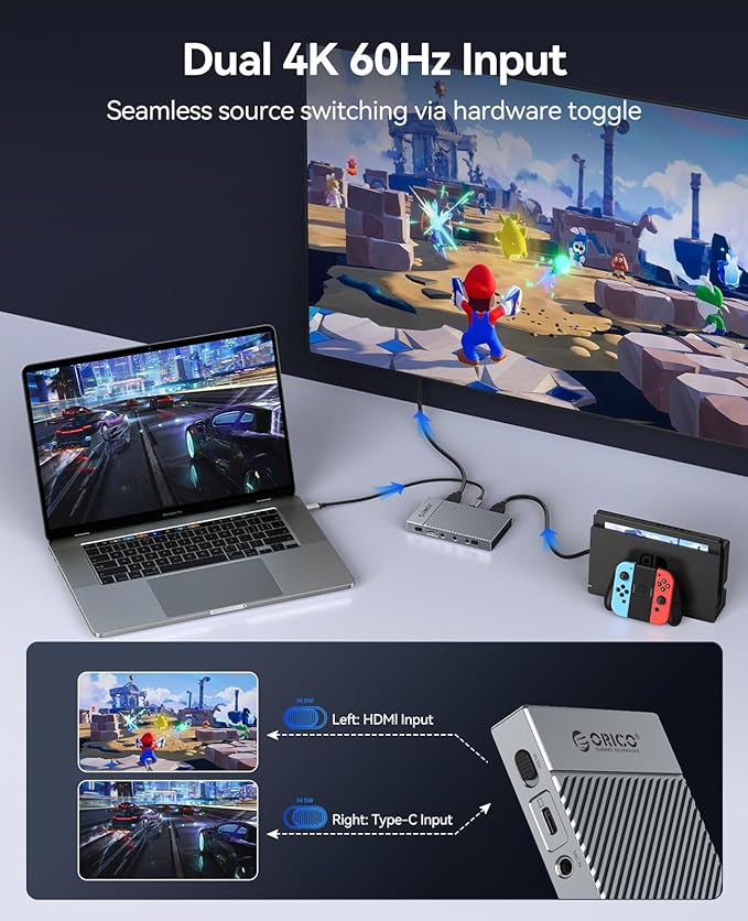 ORICO IS6 4K Portable HDMI Capture Card with Dual 4K@60Hz Inputs – Compatible with PS5 Xbox Switch OBS &amp More for Live Streaming &amp Recording Works on PC Mac Laptop iPad