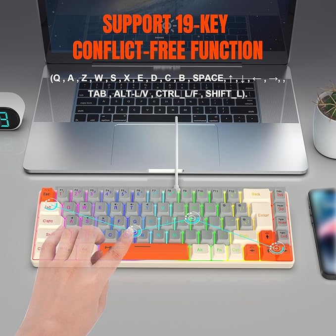 Docooler Wired Keyboard 68-Key RGB Gaming Keyboard 68 Keys Hot-Swap Compact Mechanical Keyboard Detachable Ty[e-C Keyboard for Gaming &amp Office Wired Computer Keyboard Ergonomic - Gray-White Ora