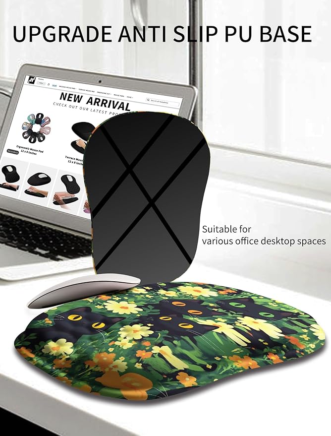 Hokafenle Ergonomic Wrist-Hugging Mouse Pad Wrist Support U-Shaped Holding Wrist Rest Mousepad for Carpal Tunnel Pain Relief with Cushioned Memory Foam Slope Massage Bulge(10.2x8.3 inBig Eyed Cat)