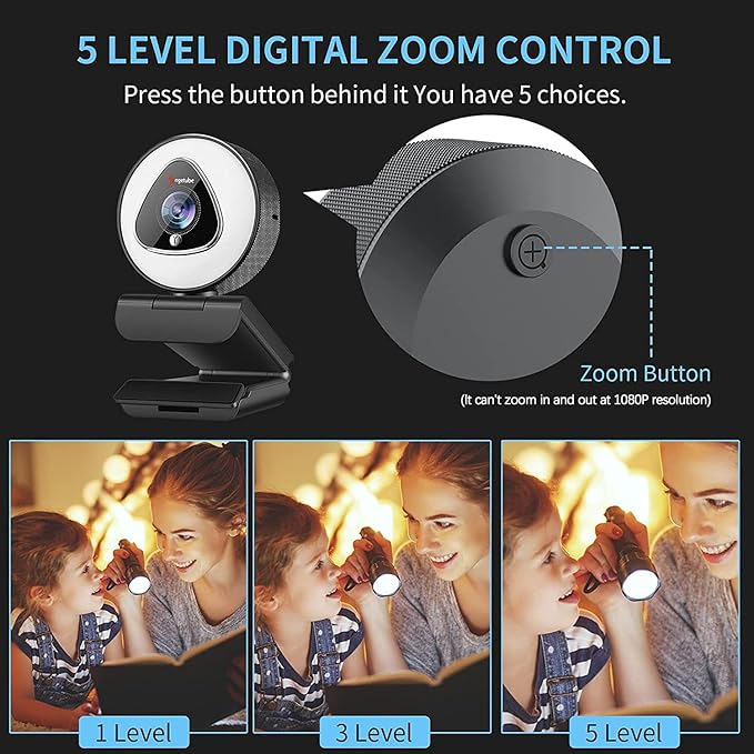 Angetube Streaming Webcam with Ring Light - 1080P Autofocus Computer Camera with Microphone Adjustable Brightness Digital Zoom Webcams for Xbox Twitch Gaming USB PC Web Camera for PC Laptop Desktop