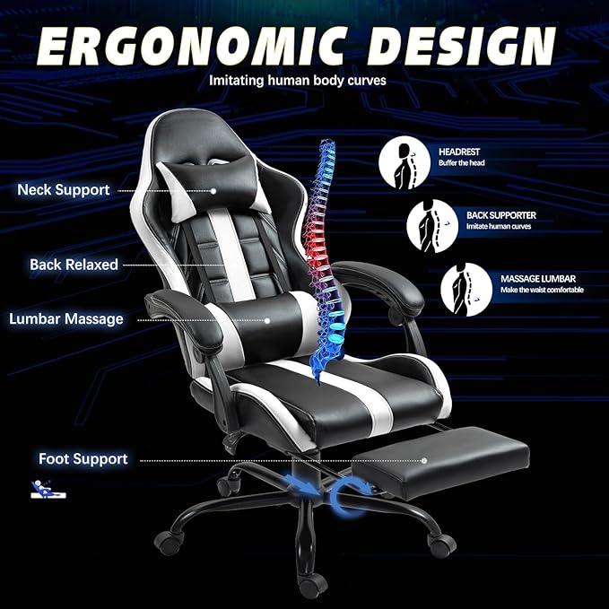 ECOTOUGE Massage Gaming Chair Video Game Chair with Footrest Ergonomic Computer Chair with Headrest and Massage Lumbar Support Height Adjustable High Back Office Desk Chair with 360° Swivel White
