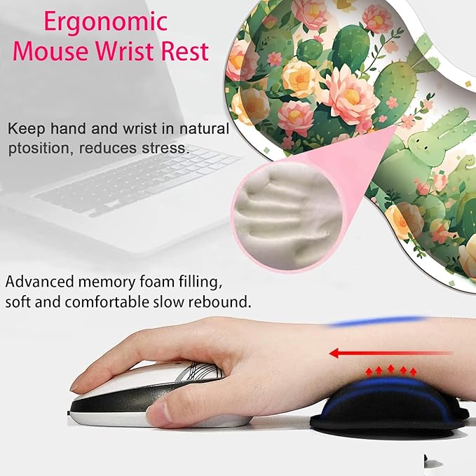 Large Gaming Mouse Pad + Mouse Wrist Rest Pad + Coaster Combination 31.5 x 11.8 Durable Non-Slip Extension Table Mat Suitable for Office and Home Cactus