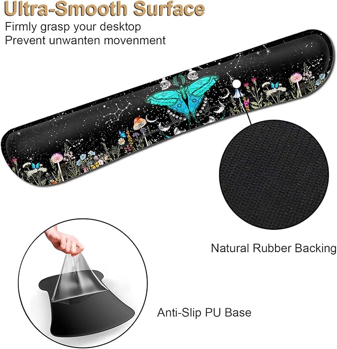 Keyboard Wrist Rest and Mouse Pad with Wrist Support Ergonomic Gel Mouse Padfor Easy Typing Pain Relief Memory Foam Keyboard Wrist RestMoth Moon Phase Witchy Black Mousepads Desktop Accessories