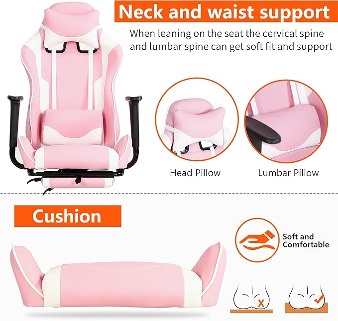 High Back PU Leather Gaming Chair with Headrest &amp Lumbar Support Height Adjustable Wide Seat for Adults with Footrest &amp Armrest