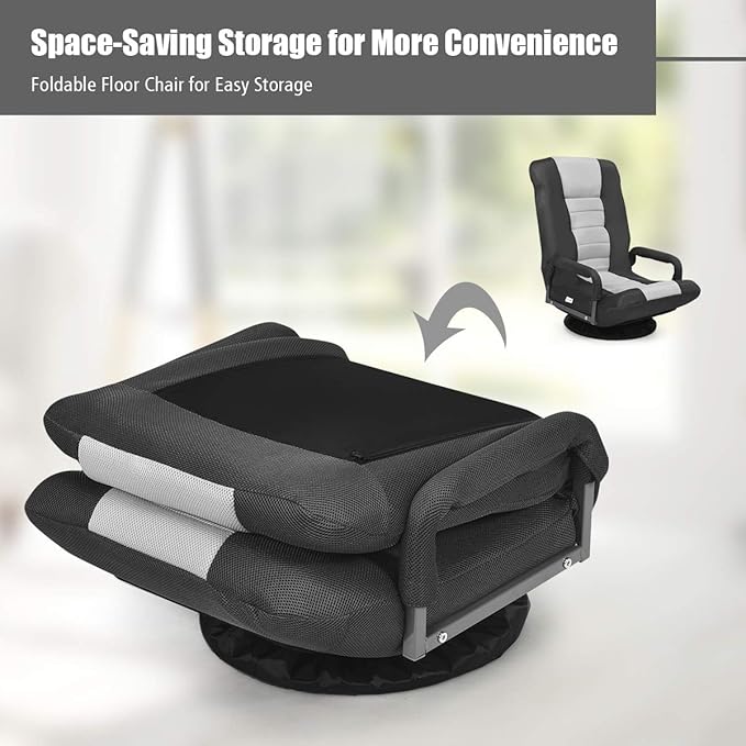 GOFLAME Swivel Gaming Floor Chair 360 Degree Folding Chair with Adjustable 6-Position Backrest and Armrest Lazy Sofa Lounger for TV Reading Playing Video Games (Black/Grey)