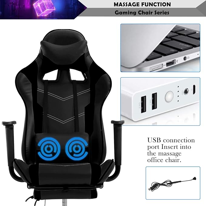 Massage Gaming Chair with Headrest and Footrest Ergonomic Gaming Desk Chair Lumbar Support Computer Game Chair Leather Video Gaming Chair Adjustable Gamer Chair for Adults Kids Black