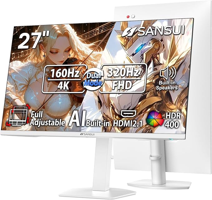 SANSUI 27 4K Gaming Monitor UHD 160Hz or FHD 320Hz Dual Mode PC Monitor- Fast IPS 1ms(OD) 丨2×HDMI2.1丨2×DP 1.4丨Built-in Speakers丨Eye Care丨AI Crosshair丨PIP/PBP丨HDR400丨Rotating/Height Adjustable