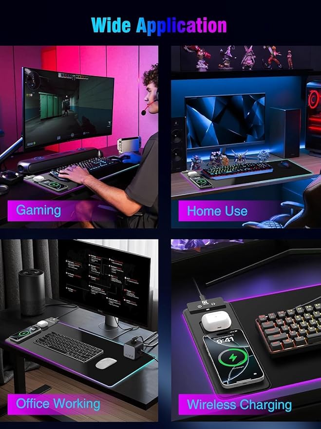 Mouse Pad with Magnetic Wireless Charging Large Desk Pad Protector RGB Black Mousepad Desk Mat with 15W Fast Charger 4mm Thick Non-Slip Waterproof Laptop Writing Pad for Office Home Gaming