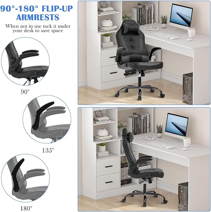 Gaming Desk Chair PC Gaming Chair Gamer Chair Comftorable Ergonomic PU Leather Computer Office Chair with Lumbar Support Flip Up Arms High Back Executive Gaming Stuff for Girl Kids Adults (Grey)