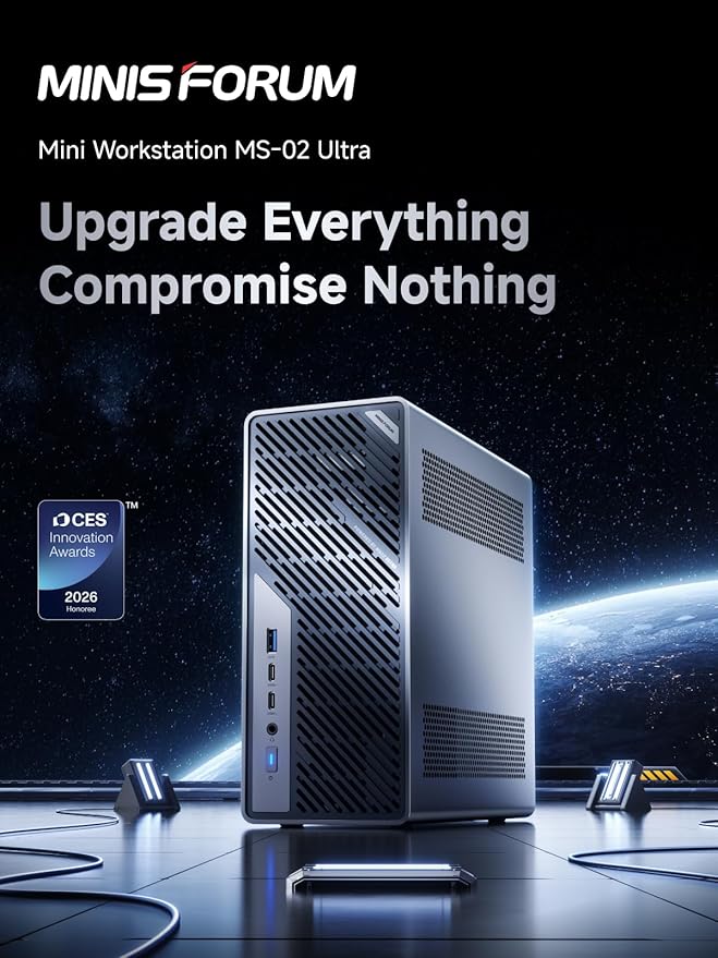 MINISFORUM MS-02 Ultra Workstation Mini PCIntel Core Ultra 5 235HX (14 cores/14 Threads up to 5.1 GHz) PCIe 5.0 x16 4× DDR5 USB4 v2 10GbE+2.5GbE (vPro) Wi-Fi 7 Barebone Without RAM/SSD