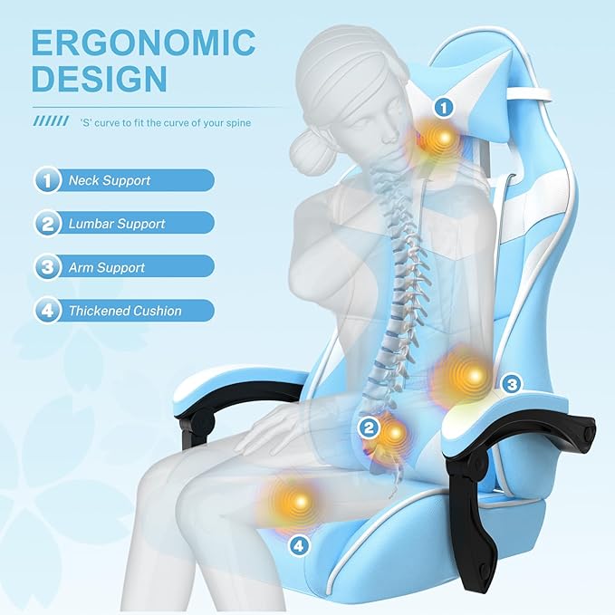 Soontrans Light Blue Gaming Chair with FootrestLovely Cute Bunny Computer Gamer ChairKawaii Desk Chair for GranddaughterSisterGirlfriendWife and Love