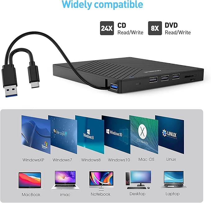 External CD DVD Drive Ultra Slim CD Burner USB 3.0 with 4 USB Ports and 2 TF/SD Card Slots Optical Disk Drive for Laptop Mac PC Windows 11/10/8/7 Linux OS with Carrying Case