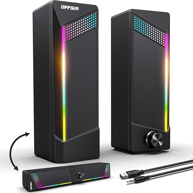 Computer Speakers 2 in 1 PC Speaker  Gaming Speakers for PC Computer Laptop Desktop Monitor RGB Speakers with Touch Sensitive Lighting USB Powered 3.5mm Aux（Package Only Two Speaker No Soundbar）