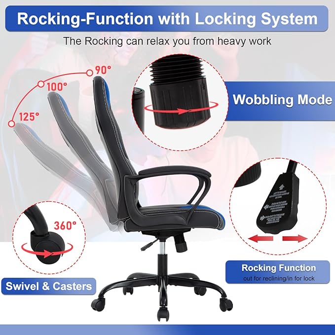Gaming Chair PU Leather Chairs Ergonomic Office Chair Executive Computer Chairs High Back Computer Task with Lumbar Support Adjustable Height Blue