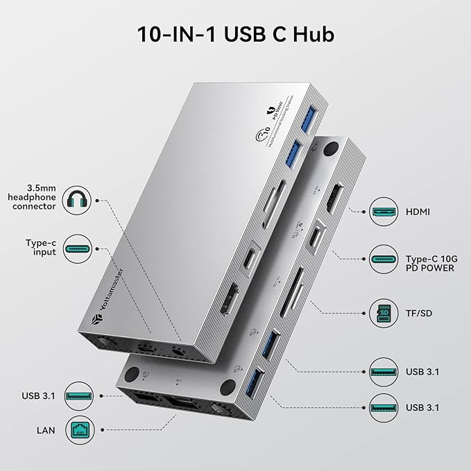 Yottamaster Aluminum USB C Hub with M.2 NVMe SSD Enclosure 10-in-1 USB C Docking Station 10Gbps for NVMe PCI-E M.2 SSD Support 100W Charging 4K HDMI RJ45 4 USB Ports Audio SD/TF Card Reader