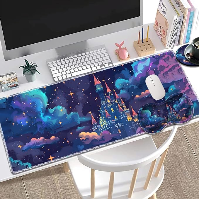 Large Gaming Mouse Pad + Mouse Wrist Rest Pad + Coaster Combination 31.5 x 11.8 Durable Non-Slip Extension Table Mat Suitable for Office and Home Astral Cloud Castle