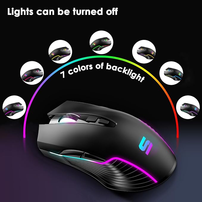 Wireless USB C Mouse with Jiggler for Computer Mac Laptop LED Wireless Rechargeable Mouse for MacBook Air Pro/iMac Desktop with Type C Adapter Ergonomic 5 Adjustable 3200 DPI 7-Color LED