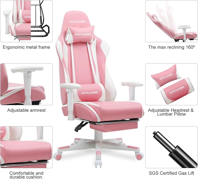 GTPLAYER Gaming Chair with Footrest Ergonomic Computer Game Desk Chair Reclining Gamer Chair Seat Height Adjustment Swivel Rocker with Headrest and Lumbar (Pink)