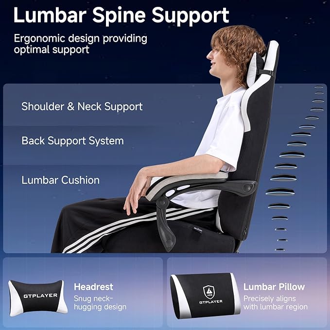 GTPLAYER Gaming Chair Video Game Chairs with Footrest and Lumbar Support Computer Chair for Adults with Extended Backrest Ergonomic Reclining Silla Gamer Fabric Black