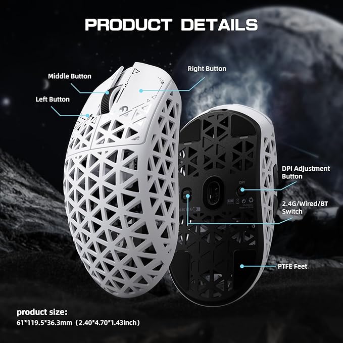 MAMBASNAKE M5 Ultra Carbon Fiber 8KHz Wireless Gaming MousePAW3950 Sensor 42K DPI39g Lightweight Tri-Mode 2.4GHz/BT/Wired Computer MiceWeb Driver Supportfor Win/Mac/FPS/MOBA/Esports-White (A)