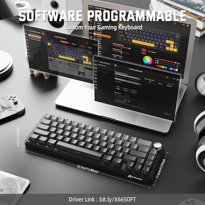MAMBASNAKE Attack Shark X66 Gasket Wireless Mechanical Keyboard with Volume Knob60% Bluetooth/2.4GHz/Wired Gaming KeyboardRGB BacklitSide Printed PBT Keycaps66 Keys Hot Swappable for PC/MACBlack