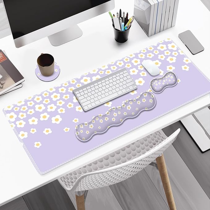 Desk Mat Gaming Mouse Pad Cute Desk Matt Keyboard Wrist Rest for Desktop Anti-Slip Mousepad w/Stitched Edges XXL Large Mouse Pad with Wrist Support for Desk Computer I Lavender Happy Flowers