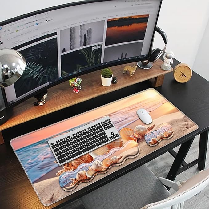 Keyboard Mouse Pad SetLarge Mouse Pad+Keyboard Wrist Rest+Wrist Support+Coaster31.5x11.8in Extended Desk Mat for Computer Laptop Office Home-Sandy Beach Shell