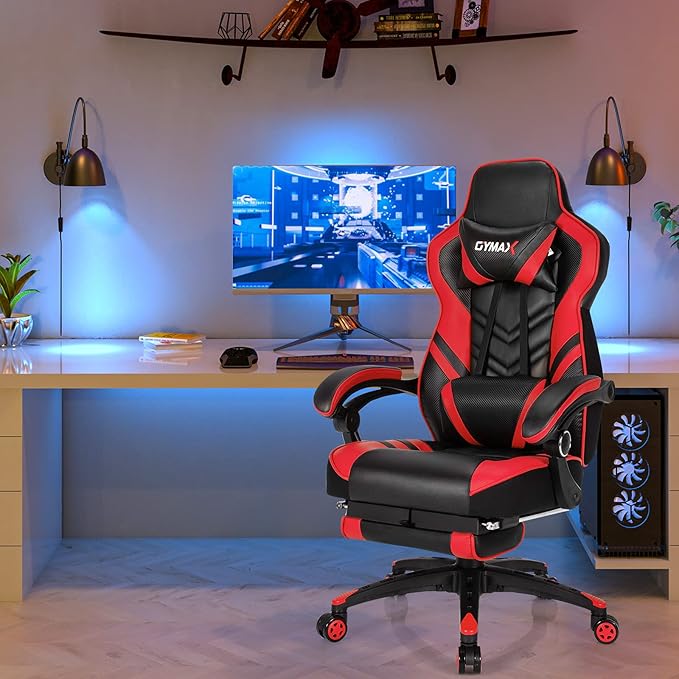 GYMAX Gaming Chair Ergonomic Computer Chair with Footrest Linkage Armrests &amp Lumbar Cushion Big Wide High Back Video Gaming Chair Reclining Office Rolling Chair for Adult/Teens (Red)
