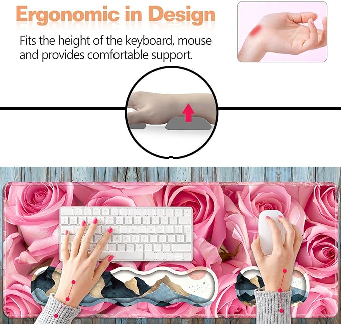 Ergonomic Keyboard Wrist Rest and Mouse Pad Wrist Rest Set Large XXL Gaming Mousepad 31.5x 11.8 Memory Foam Easy Typing Pain Relief Multifunctional Desk Mat for Office &amp Home Pink Roses