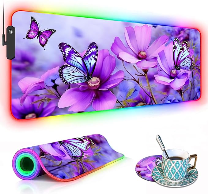 RGB Gaming Mouse Pad with Coffee Coaster XXL Large Glowing LED Mousepad Anti-Slip Rubber Base Computer Keyboard Desk Mouse Mat 31.5 X 11.8 Inch - Purple Flowers and Butterfly