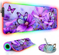 RGB Gaming Mouse Pad with Coffee Coaster XXL Large Glowing LED Mousepad Anti-Slip Rubber Base Computer Keyboard Desk Mouse Mat 31.5 X 11.8 Inch - Purple Flowers and Butterfly