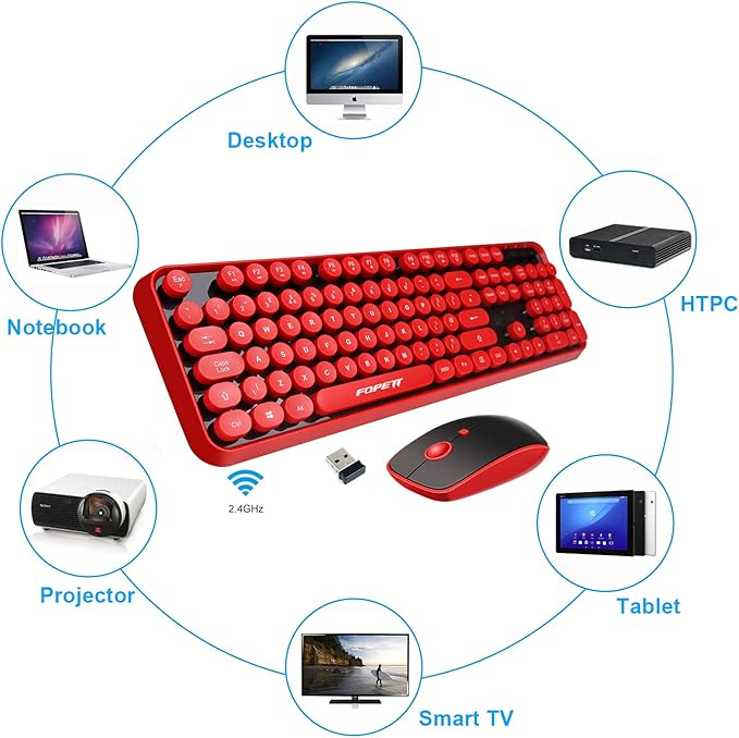 FOPETT Wireless Keyboard and Mouse Combo 104 Keys Full-Sized 2.4 GHz Round Keycap Colorful Keyboards USB Receiver Plug and Play for Windows Mac PC Laptop Desktop (Black Red)